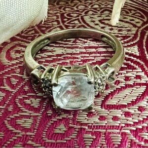 Sterling Silver Heart Ring W clear, cushion-cut CZ Center Stone & Accent Stones